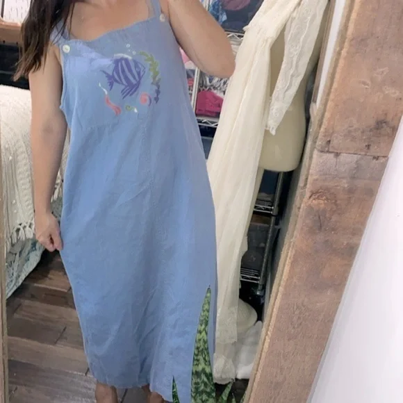 Vintage maxi dress size 16 fish graphic linen cotton blend - Picture 1 of 4